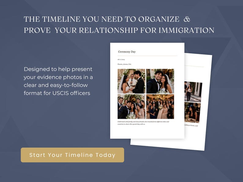 May include: Two white pages with photos and text, titled "Ceremony Day", are displayed against a dark blue background. The text reads "THE TIMELINE YOU NEED TO ORGANIZE & PROVE YOUR RELATIONSHIP FOR IMMIGRATION" and "Start Your Timeline Today".