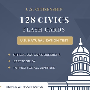 Può includere: Un set di 128 flashcard sulla cittadinanza statunitense per il test di naturalizzazione. La carta blu scuro presenta testo bianco, un accento rettangolare dorato, una grafica bianca di un edificio governativo e il testo Prepare With Confidence.