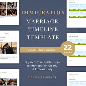 May include: A navy blue Canva template for an immigration marriage timeline. The template includes the text "Immigration Marriage Timeline Template" and "USCIS-Ready Layout". The template has 22 pages and is designed to organize relationships for immigration.