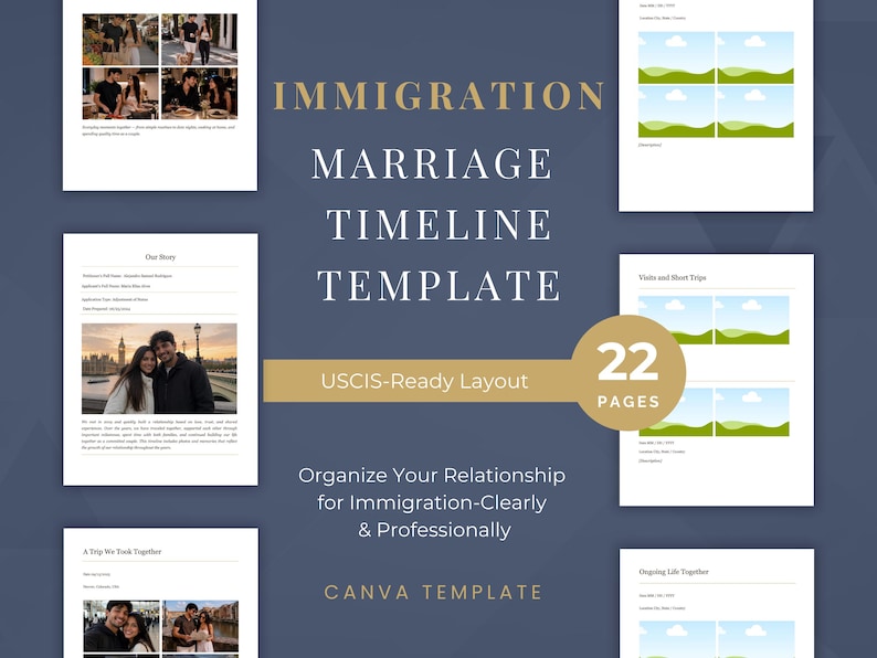 May include: A navy blue Canva template for an immigration marriage timeline. The template includes the text "Immigration Marriage Timeline Template" and "USCIS-Ready Layout". The template has 22 pages and is designed to organize relationships for immigration.
