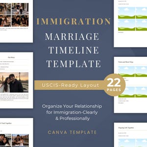 以下が含まれることがあります： 「IMMIGRATION MARRIAGE TIMELINE TEMPLATE」の文字が金色で書かれた、ネイビーブルーのグラフィックデザイン。写真と「USCIS-Ready Layout」と「22 PAGES」の文字が入ったサンプルページが含まれています。「Organize Your Relationship for Immigration-Clearly & Professionally」の文字も含まれています。