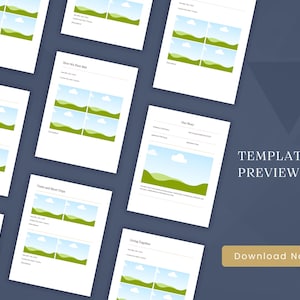 May include: A template preview with multiple white pages featuring landscape images and text. The pages are arranged on a dark blue background. The text "TEMPLATE PREVIEW" and "Download Now" are also visible.