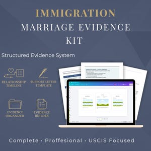 Puede incluir: Un portátil que muestra una plantilla de documento, con el texto "IMMIGRATION MARRIAGE EVIDENCE KIT". La imagen también incluye iconos para la línea de tiempo de la relación, la plantilla de carta de apoyo, el organizador de evidencia y el constructor de evidencia. También está presente el texto "Complete, Professional, USCIS Focused".