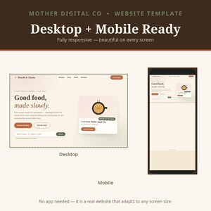 May include: A website template by Mother Digital Co featuring a desktop and mobile view of a site titled Hearth & Thyme. The design displays a cream-coloured interface with brown text, orange buttons, and a recipe card for Cast-Iron Skillet Apple Pie.