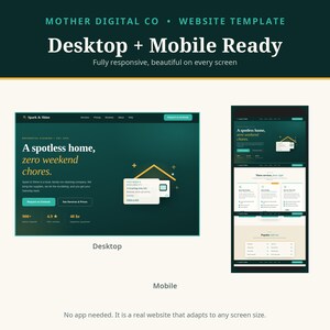 Puede incluir: Una plantilla de sitio web de Mother Digital Co con un esquema de color verde oscuro y crema. El diseño muestra el sitio de servicios de limpieza Spark & Shine en vistas de escritorio y móvil, destacando el diseño adaptable a pantallas.