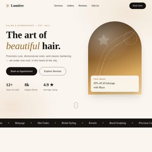Könnte beinhalten: Eine Website-Startseite für den Salon und Barbershop Lumière mit dem Text The art of beautiful hair, Navigationslinks, Buchungsbuttons und einer Aktionskarte mit einer bogenförmigen Grafik, die 20% Rabatt auf Balayage bei Maya bietet.