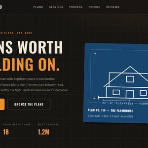 May include: A website interface for Ironwood custom house plans featuring a dark background with a grid pattern. The page displays the text Plans Worth Building On, a blue graphic of a farmhouse elevation labelled Plan No. 114, and statistics.