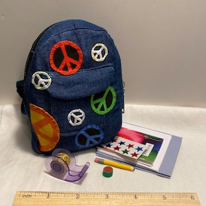 18 Inch Doll Denim Peace Backpack/Teddy Bear Backpack/Peace Sign Backpack/Back to School/Upcycled Denim Hand Appliqué