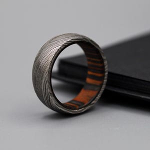 Handmade Damascus Steel Whiskey Barrel Steel Ring Wood Inlay Ring Men Wood Wedding Band Unique Engagement Ring Promise Ring Gift for Him