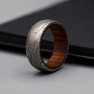 Handmade Damascus Steel Ring Whiskey Barrel Ring Wood Inlay Ring Damascus Wood Wedding Band Unique Engagement Ring Anniversary Gift for Him