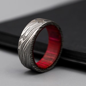 Handmade Damascus Whiskey Barrel Wood Inlay Ring Simple Men Damascus Steel Wood Wedding Band Unique Engagement Men Ring Gift for Him/ Her