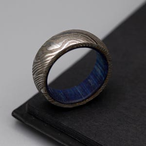 Damascus Steel Whiskey Barrel Blue Wood Inlay Ring Men Damascus Steel Wood Wedding Band Unique Engagement Ring 5th Anniversary Gift for Him