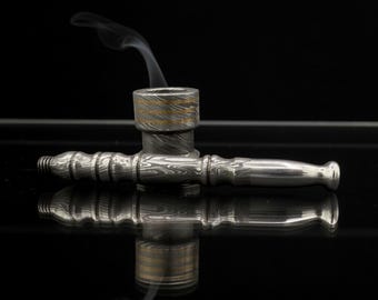 Damascus Steel Chillum Pipe, Handmade Brass Line Tobacco Pipe, Custom Gift for Him, Mesh Gauze Filter, Father's Day, Groomsmen Gift