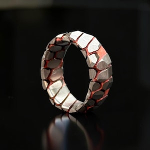 May include: A ring featuring a segmented outer band composed of multiple metallic, faceted, silver-toned pieces. The gaps between these individual segments reveal a vibrant, contrasting orange-red inner layer, creating a distinct geometric pattern.