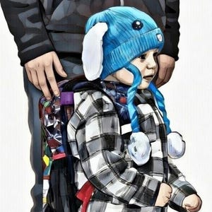 Könnte beinhalten: Ein Kind mit einer blauen Strickmütze mit weißen Hasenohren und blauen Zöpfen und einem schwarz-weiß karierten Hemd. Das Kind trägt einen Rucksack und steht vor einer Person.