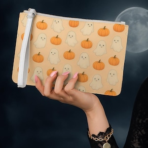Ghost & Pumpkin Clutch Bag, Cute Autumn Accessories, Kawaii Trick or Treat Purse, Witchy October Birthday Gift, Spooky Halloween Fashion