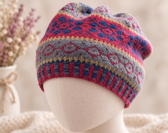 Slouchy Fair Isle Hat Knitting Pattern PDF Colorwork Beanie Pattern Nordic Knit Hat Instant Download