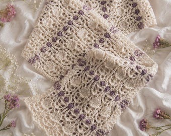 Lavender Blossom Scarf Knitting Pattern PDF Floral Lace Scarf Knit Pattern Two Color Scarf Elegant Wrap Instant Download