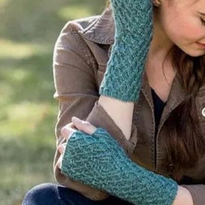 May include: Teal-colored fingerless gloves with a textured, woven pattern. The gloves are made of a soft, knitted material. The gloves are designed to cover the hand and wrist, leaving the fingers free.