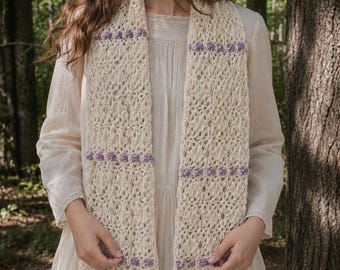 Lavender Blossom Scarf Knitting Pattern PDF Floral Lace Scarf Knit Pattern Two Color Scarf Elegant Wrap Instant Download