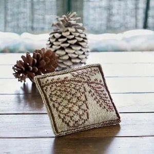 May include: A square, knitted cushion featuring a brown pine cone design on a light beige background, with a brown border. Two pine cones are in the background, one brown and one white.
