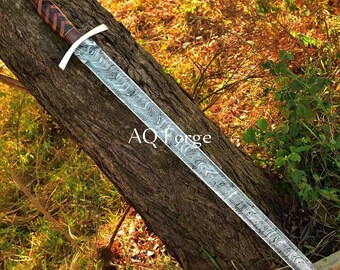 Espada vikinga de doble filo de acero de Damasco hecha a mano de 30 pulgadas de largo, espada medieval con funda de cuero