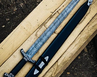 Espada normanda de doble filo de acero de Damasco hecha a mano, espada vikinga con vaina