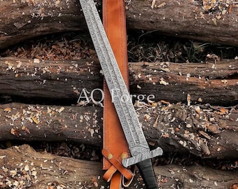 Espada vikinga de acero de Damasco de doble filo, hecha a mano, de 27 pulgadas de largo con vaina