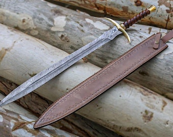 Espada vikinga de doble filo de acero de Damasco hecha a mano de 32 pulgadas de largo con funda de cuero