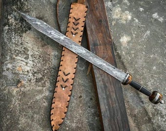 30 Inch Long Roman Sword, Handmade Damascus Steel Double Edge Roman Gladius With Leather Sheath