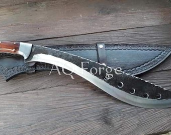 Machete de caza de acero al carbono de 23 pulgadas de largo, hecho a mano, con espiga completa y funda de cuero.