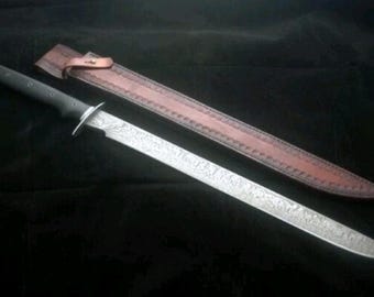 Espada vikinga de acero de Damasco hecha a mano de 30 pulgadas de largo con funda de cuero