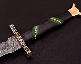 Espada Flamberge de doble filo de 81 cm de acero de Damasco hecha a mano con funda de cuero