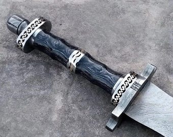 Espada vikinga de doble filo de acero de Damasco hecha a mano, de 81 cm de largo, con funda de cuero.