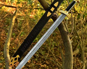Espada nórdica de doble filo de acero de Damasco, hecha a mano, de 91 cm de largo y con vaina.