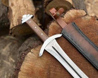 Espada vikinga de doble filo de acero al carbono hecha a mano de 30 pulgadas de largo con funda de cuero
