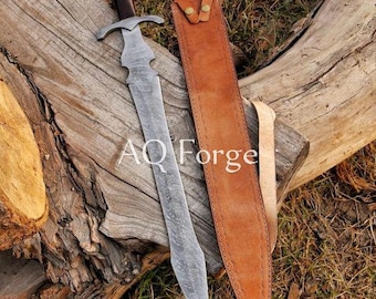Espada vikinga de doble filo de acero de Damasco hecha a mano de 71 cm de largo con funda de cuero