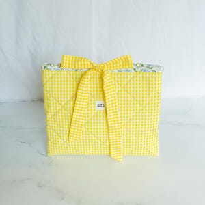 Quilted Yellow Gingham Book Sleeve, Floral Lining, Handmade Paperback Cover