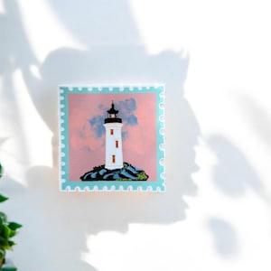 Lighthouse Stamp Sticker, Vintage Coastal Aesthetic, Hand-drawn Waterproof Vinyl Sticker, Scrapbooking, Journaling, Laptop Decal.
