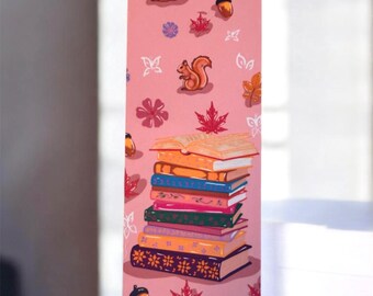 Autumn Squirrel Bookmark | Illustrated Book Stack, Fall Reading