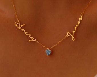 Personalized Two Name Necklace with Birthstone Heart – Custom Gold Plated Jewelry Gift for Couples, Two Name Necklace, Mom, or Best Friends