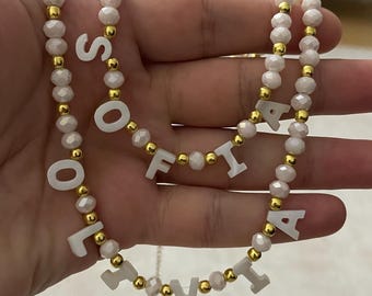 Toddler Custom name necklace, mother of Pearl letter name necklace, kids beaded necklace, gift for little girls, children’s birthday gifts