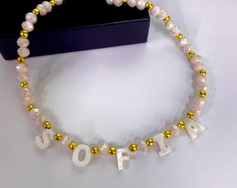 Toddler Custom name necklace, mother of Pearl letter name necklace, kids beaded necklace, gift for little girls, children’s birthday gifts