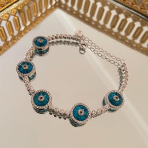 Silver Evil Eye Bracelet, Blue Crystal Nazar Boncugu Bracelet, Protection Charm Jewelry, Adjustable Turkish Gift for Her,