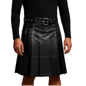 Real Leather Utility Kilt for Men Gothic Biker Style with Pleats and Buckle Straps Black Festival Kilt Renaissance Cosplay Outfit