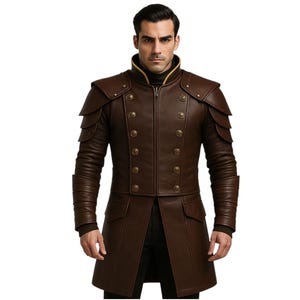 Men’s Real Leather Armor Coat – Medieval Steampunk Double Breasted Long Jacket | Gothic Warrior Renaissance Festival Costume