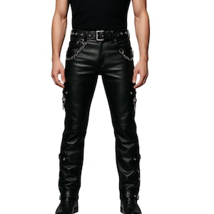 Real Leather Chain Pants for Men Gothic Biker Black Pants with Buckles and Straps Steampunk Rock Cosplay Festival Trousers