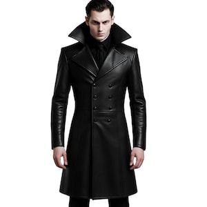 Real Leather Gothic Long Coat for Men Vampire Victorian Trench Jacket Steampunk Double Breasted Tailcoat