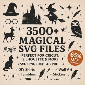 3500+ magische Harry-geïnspireerde SVG-bundel | Cricut silhouetontwerpen | Png-, DXF-, pdf-bestanden | Tovenaarsschool-clipart