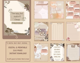 May include: A digital self-help journal set featuring various templates with neutral tones, floral accents, and text including Therapy, but make it cheap, Unwind & Colour, Rage Page, and I am not behind, I am on my own timeline, presented in a tablet frame.